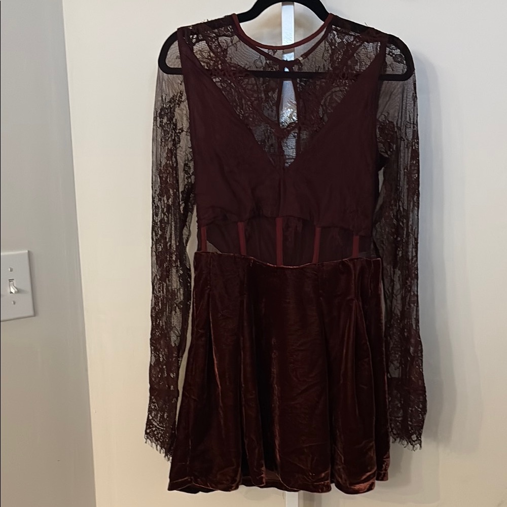 Free People Burgundy Lace and Velvet Long Sleeve Dress - Picture 3 of 6